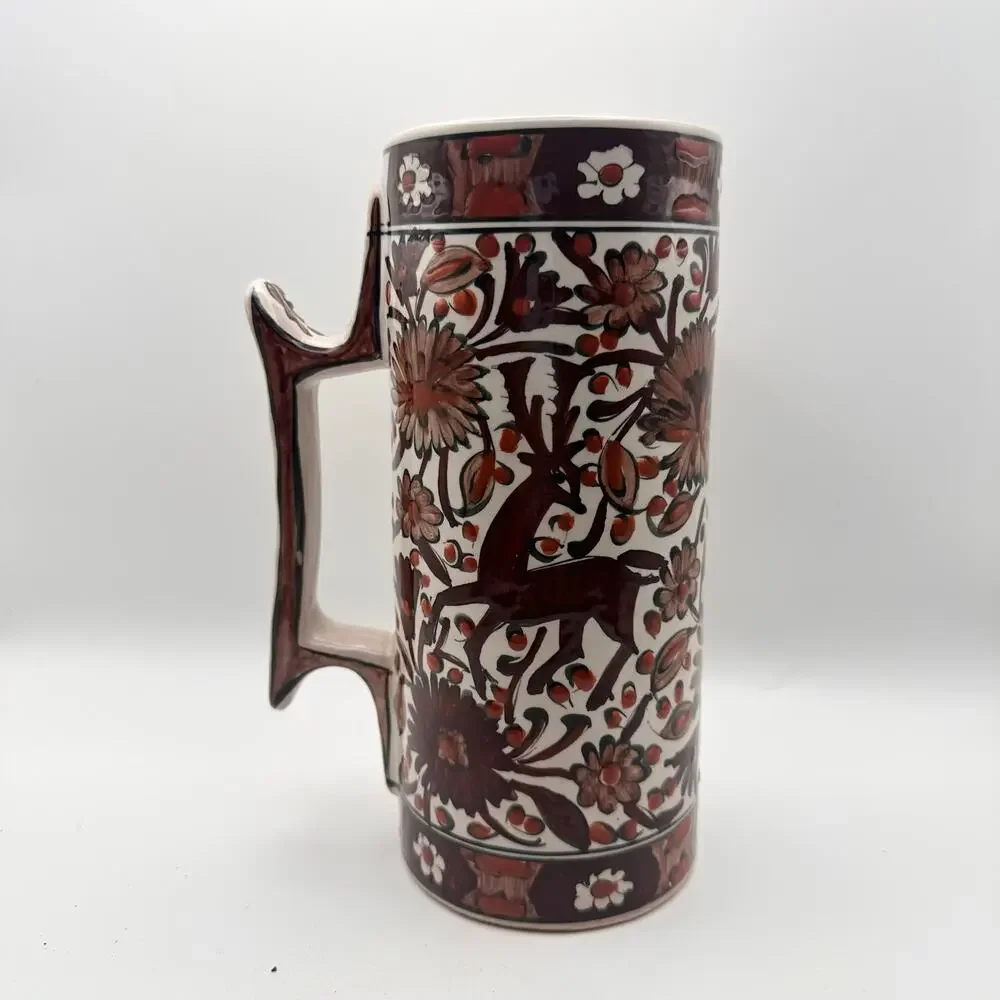 Vintage Ikaros Pottery Stein Mug Rhodes Greece Handpainted Deer Floral Motif 8